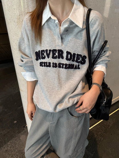 B186 / 假兩件拼接翻領字母刺繡寬鬆衛衣