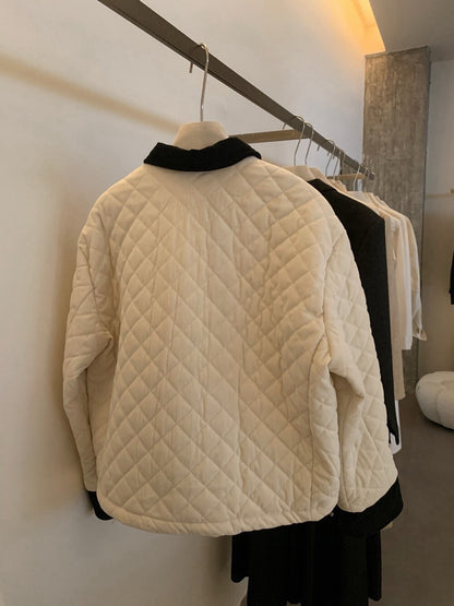 // 拼色燈芯絨領菱格絨面夾棉外套