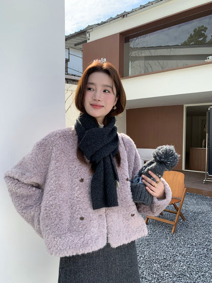 // V領雙排扣毛毛皮毛一體外套(連袋仔)