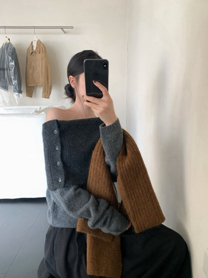 // 設計感側鈕扣雙層領一字領NT