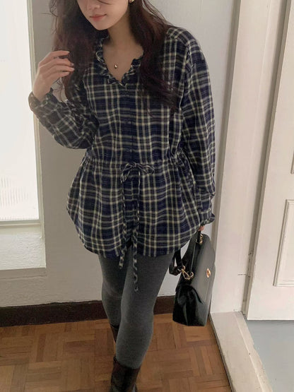 // 木耳邊可綁腰格紋BL