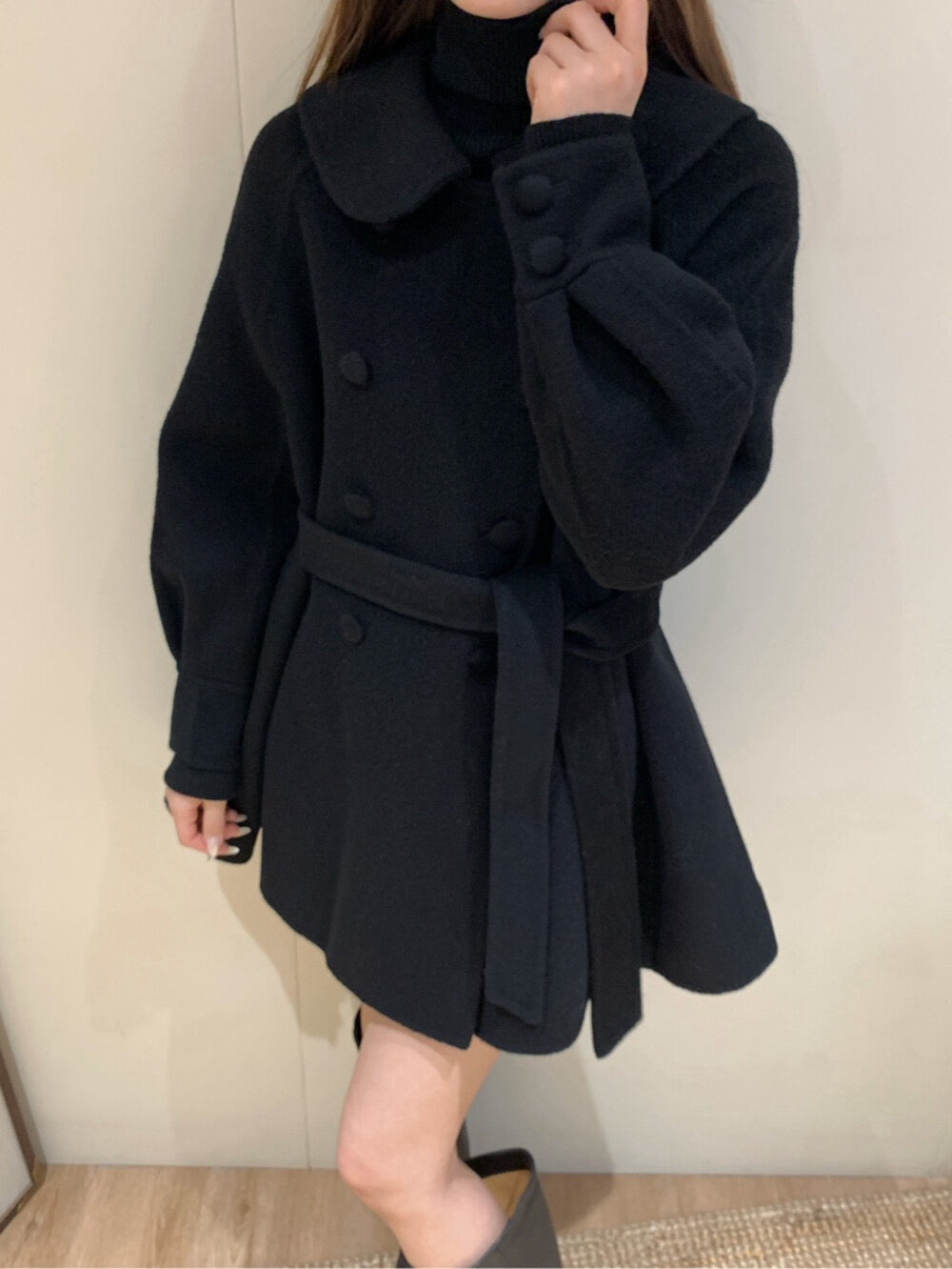 // 超柔軟100%羊毛娃娃領雙排扣手工外套