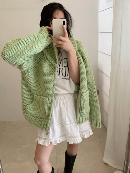 // 30%wool粗棒針手工織感圓翻領口袋拉鍊CD