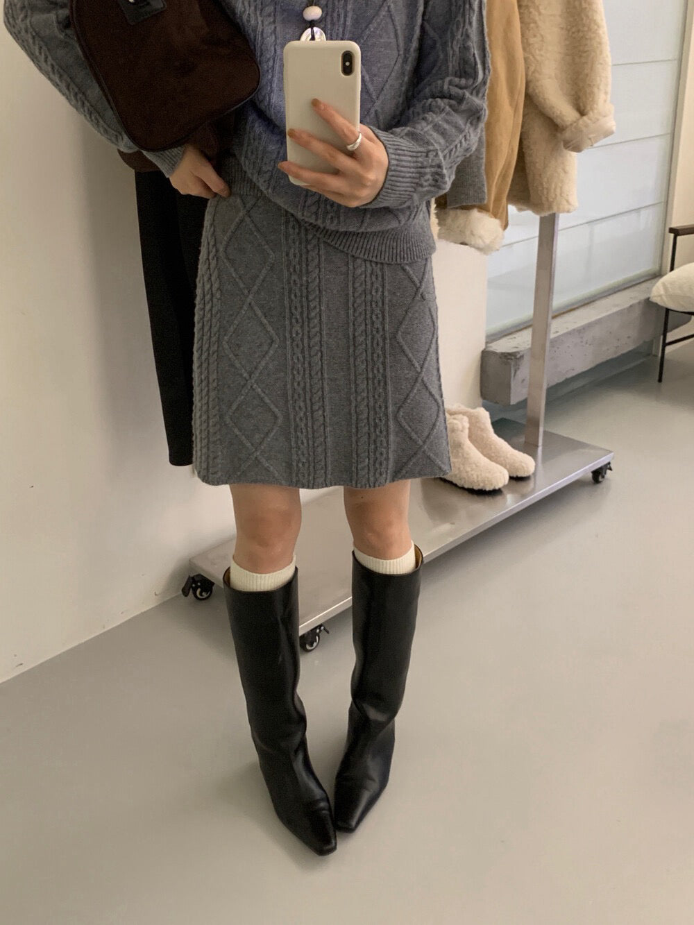 // 麻花半拉鍊立領毛衣+短裙套裝