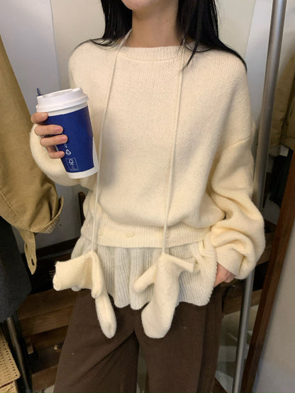 // 設計感軟糯鈕扣假兩件裙簾毛衣(連手套)