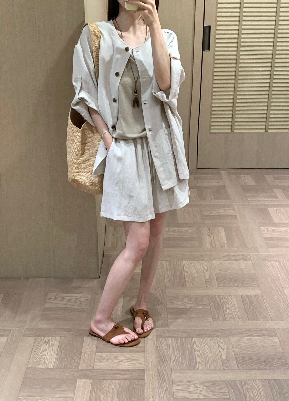 S25 / 輕薄棉麻反褶袖開胸上衣+背心+短褲三件套