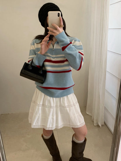 // 100%wool復古感拼間半拉鍊立領毛衣