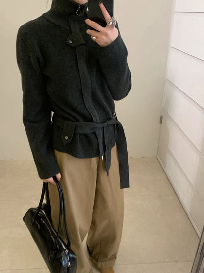 // 立領綁腰帶針織CD