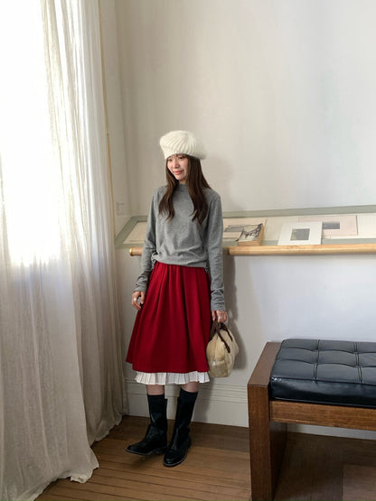 // 裙頭位超美拼接百褶腳50%羊毛中裙