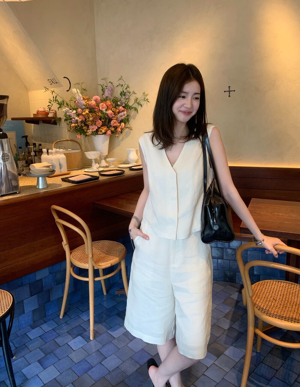 S24 / v領排扣背心+麻質五分褲套裝(可分開單買)