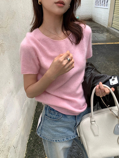 B50 / 必入！顏色極美薄款羊毛拉絨短袖針織上衣(95%wool+5%cashmere)