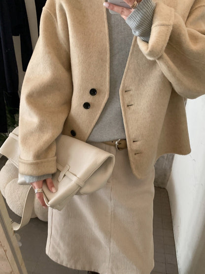 // 極美double鈕扣深V簡約100%雙面羊毛手工外套