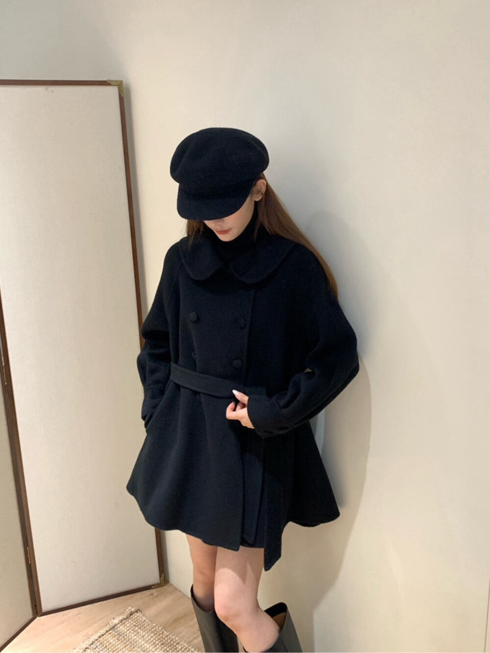 // 超柔軟100%羊毛娃娃領雙排扣手工外套