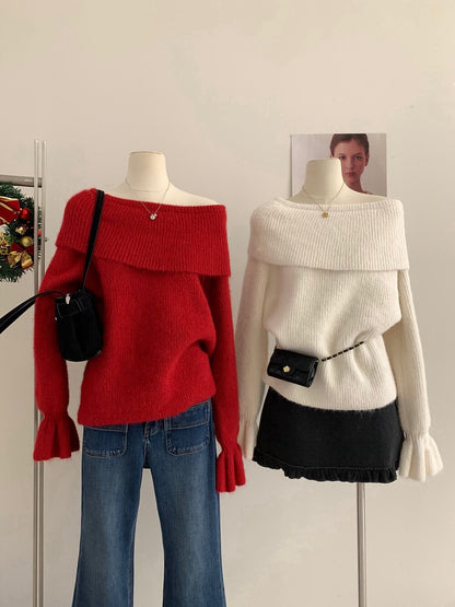 // 節日感斜肩荷葉袖毛衣
