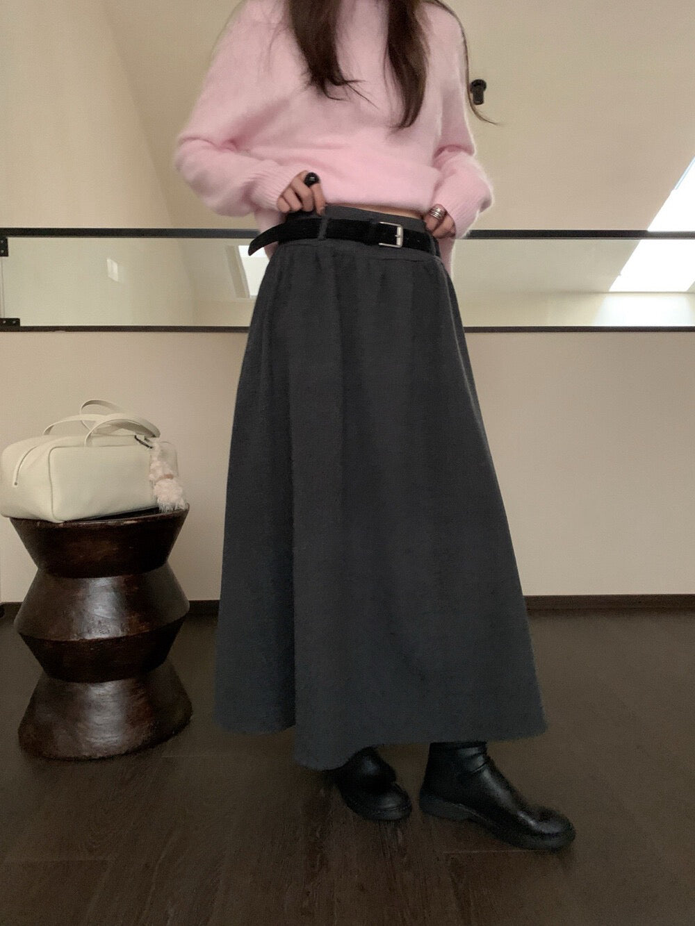 // 7%wool壓褶A字超遮肉半截裙(連腰帶)