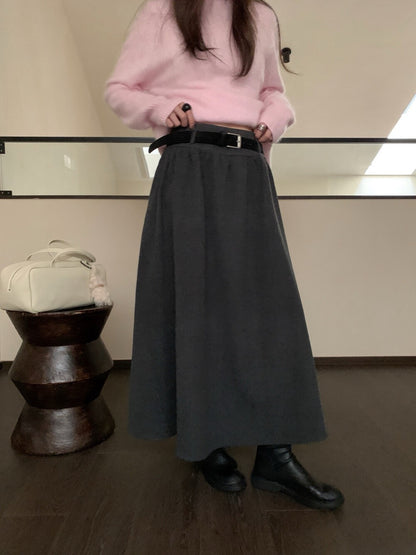 // 7%wool壓褶A字超遮肉半截裙(連腰帶)