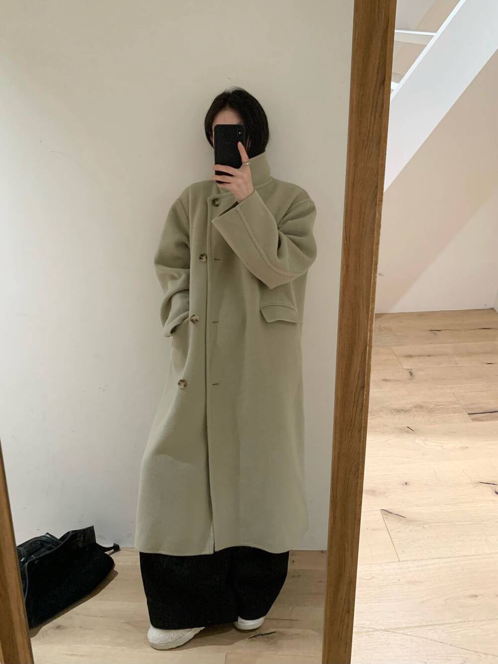 // 100%羊毛氣質可立領長款手工大衣