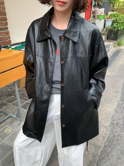 // vintage油蠟皮連腰包腰帶翻領中長外套