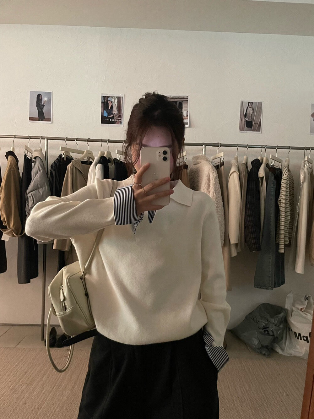 // 極簡風拼接間條恤衫假兩件翻領NT