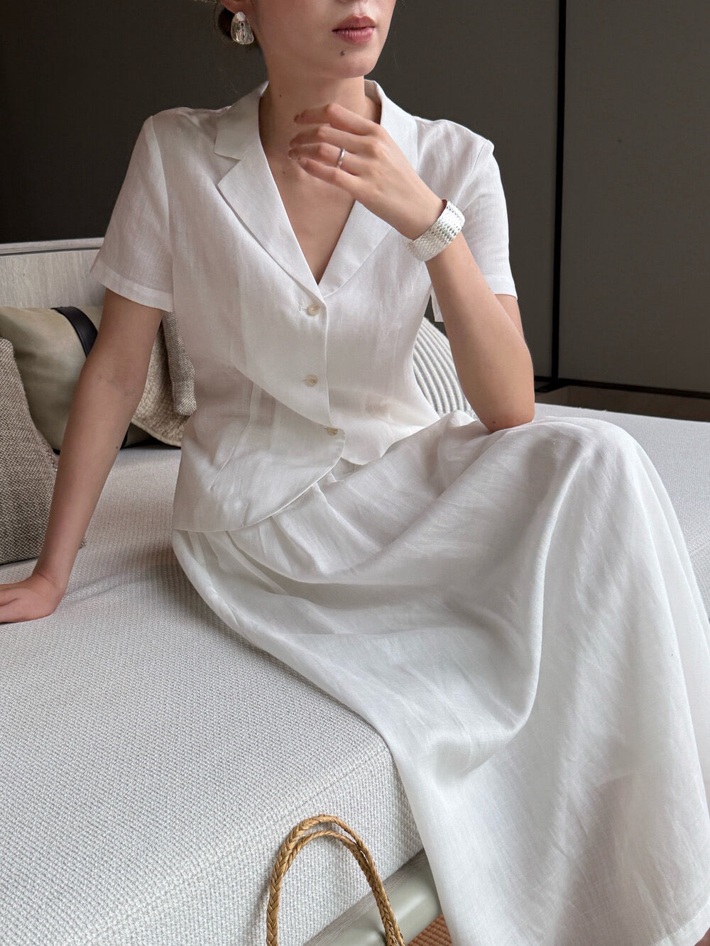 S21 / 天絲麻收腰短袖西裝外套+釘珠壓褶中裙套裝(可分開單買)