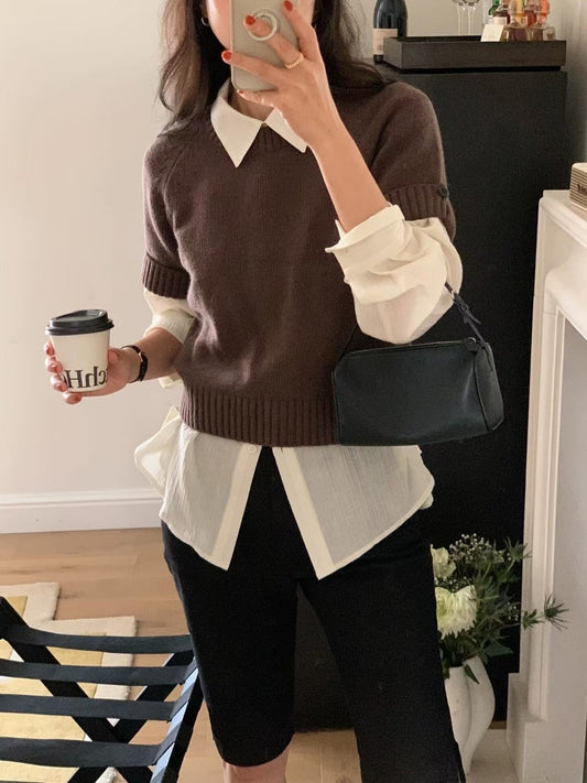// cashmere+fine wool反袖鈕扣袖短袖NT