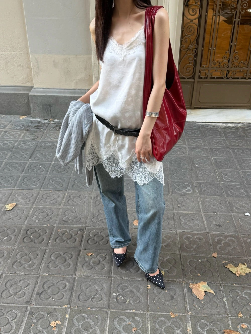 B70 / 拼接lace邊暗花長吊帶