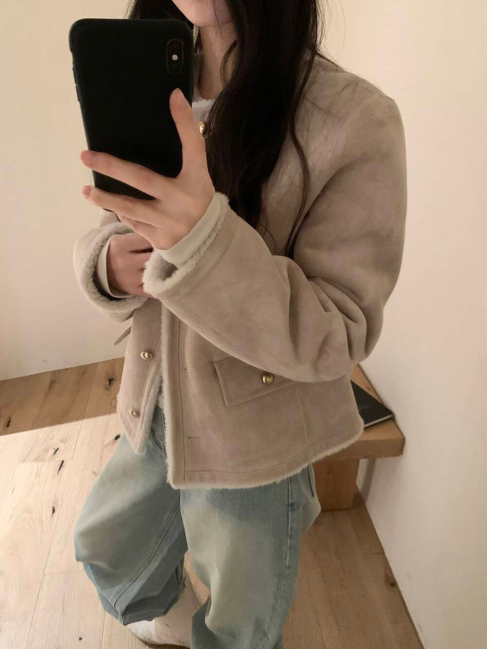 // 帥氣復古風色調皮毛一體金色鈕扣外套