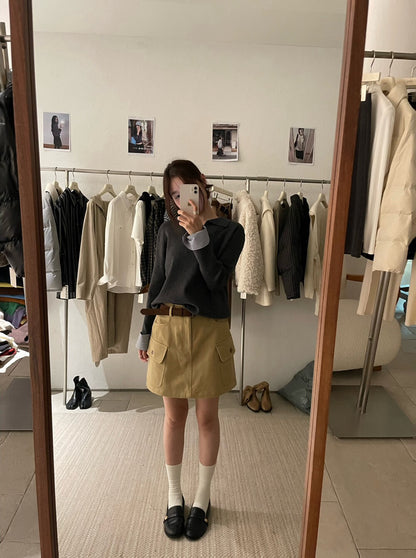 // 極簡風拼接間條恤衫假兩件翻領NT