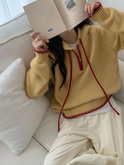 // 撞色半拉鍊連帽軟糯毛衣