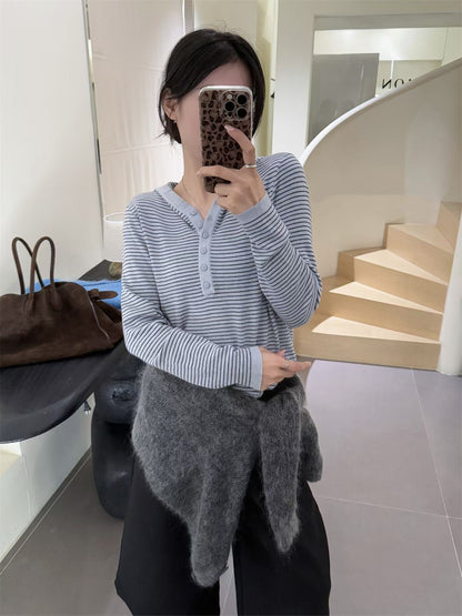 // 慵懶感連帽細間條NT