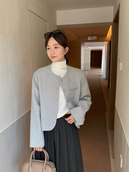 // 質感鈕扣10%wool弧邊薄毛呢外套