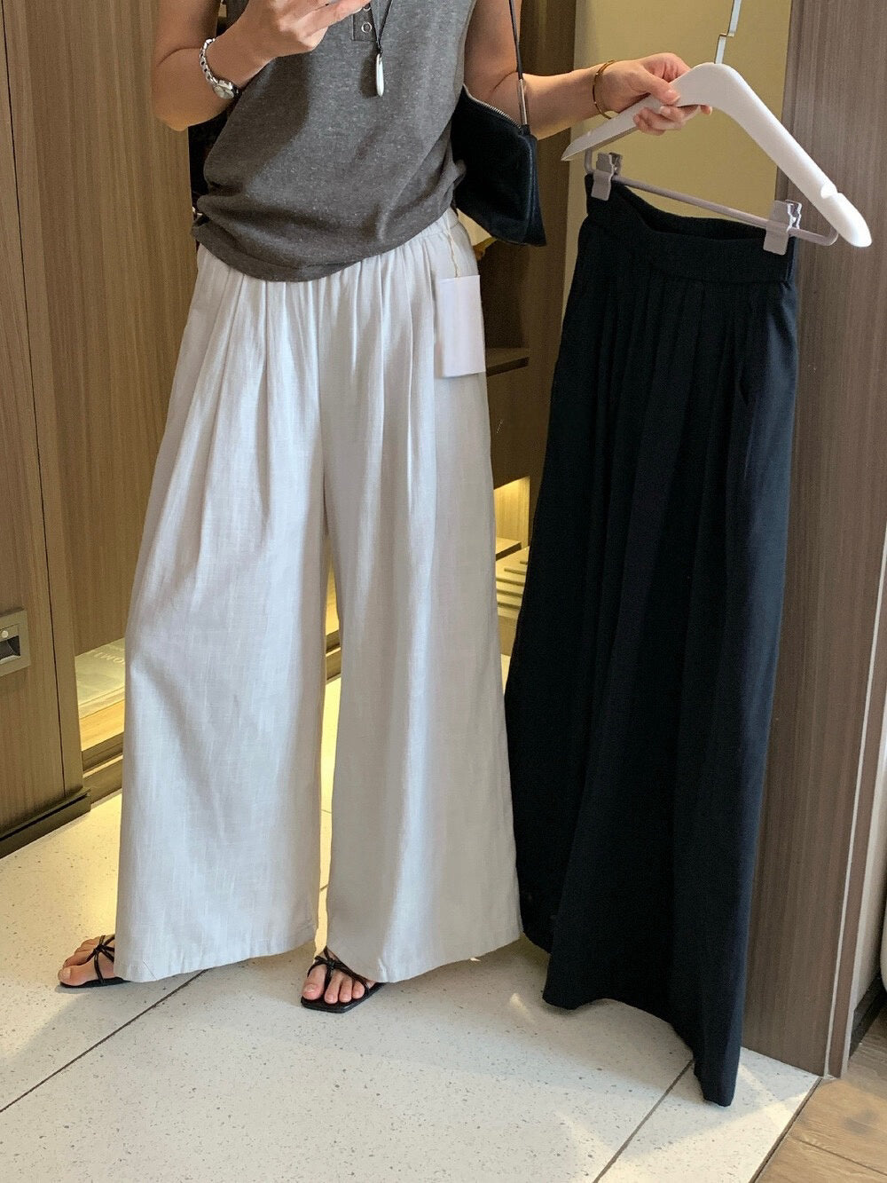 // 麻質混竹節棉顯瘦壓褶闊褲