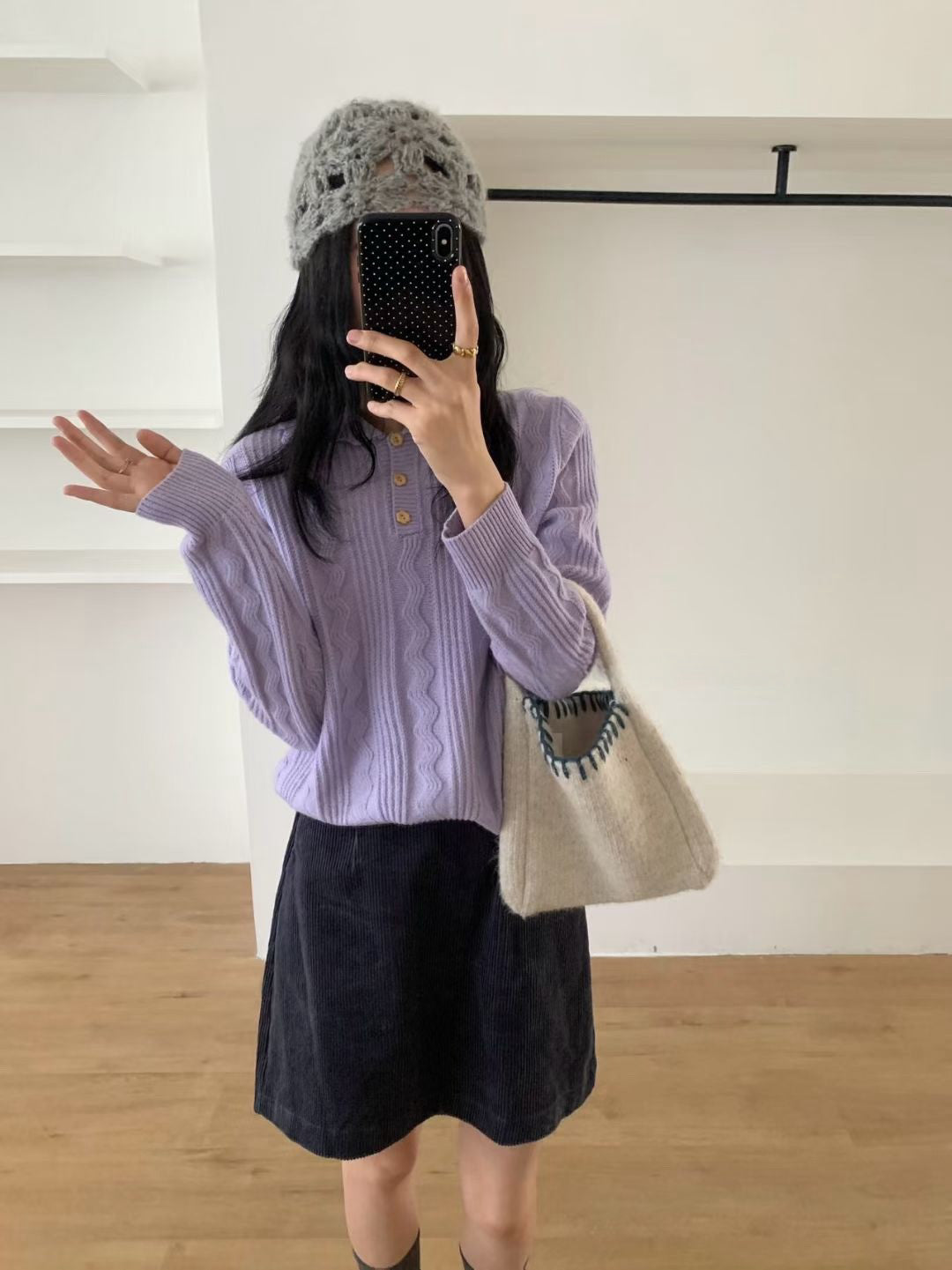 // 美美麻花織紋鈕扣翻領NT