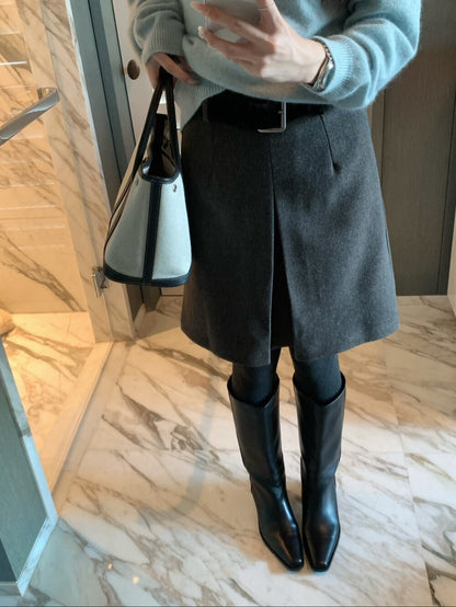 // 高級感雙層開叉五分毛呢裙