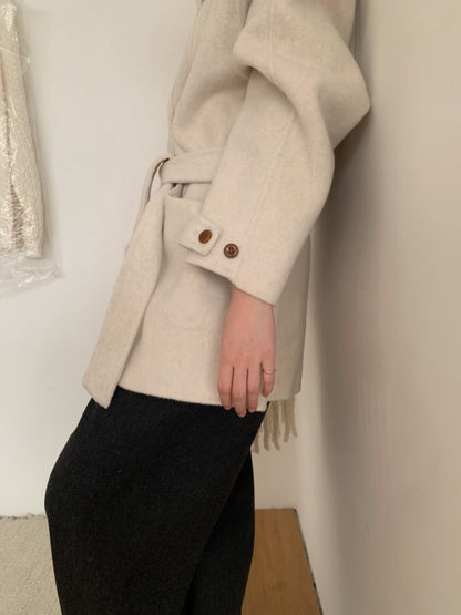 // 100%羊毛小立領排扣連腰帶雙面手工外套