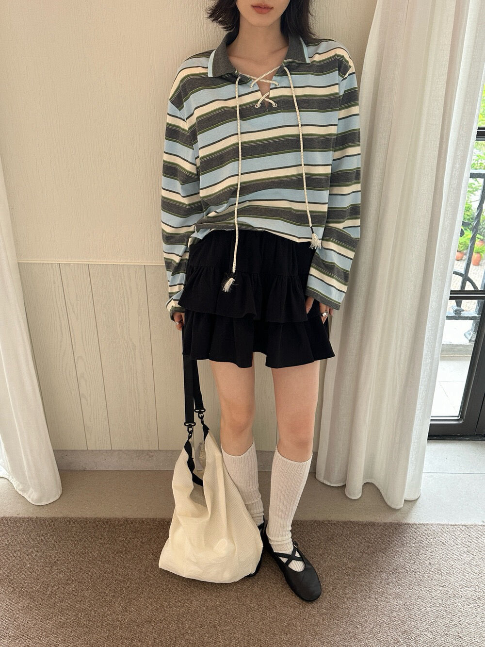 // Miu風綁帶間條polo上衣