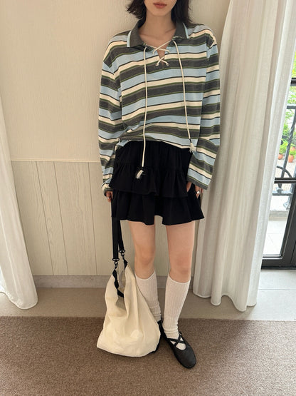 // Miu風綁帶間條polo上衣