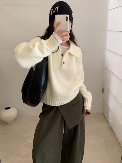 // 超韓領鈕扣粗坑紋翻領毛衣