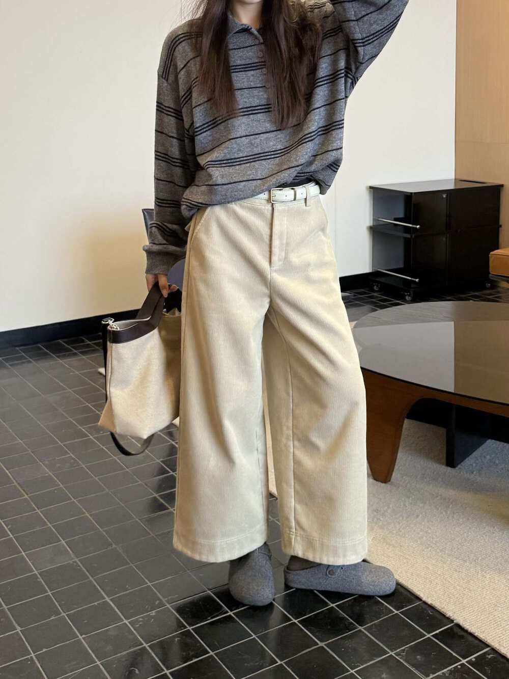 // 顯瘦版型燈芯絨直腳九分褲(連腰帶)