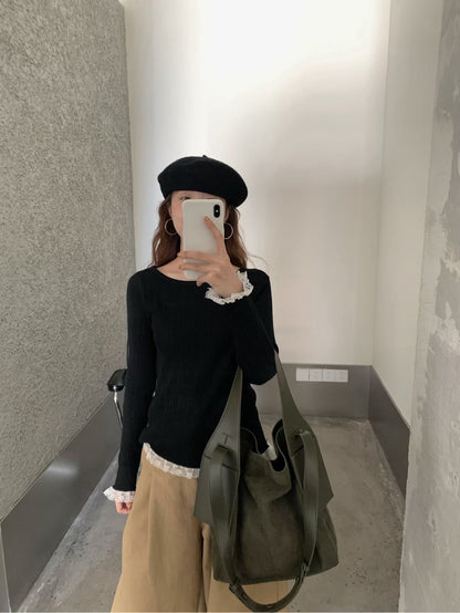 // 絲光羊毛紗線拼接lace邊NT