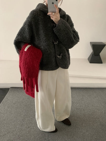 //65%羊毛特別鈕扣羊羔毛連帽外套