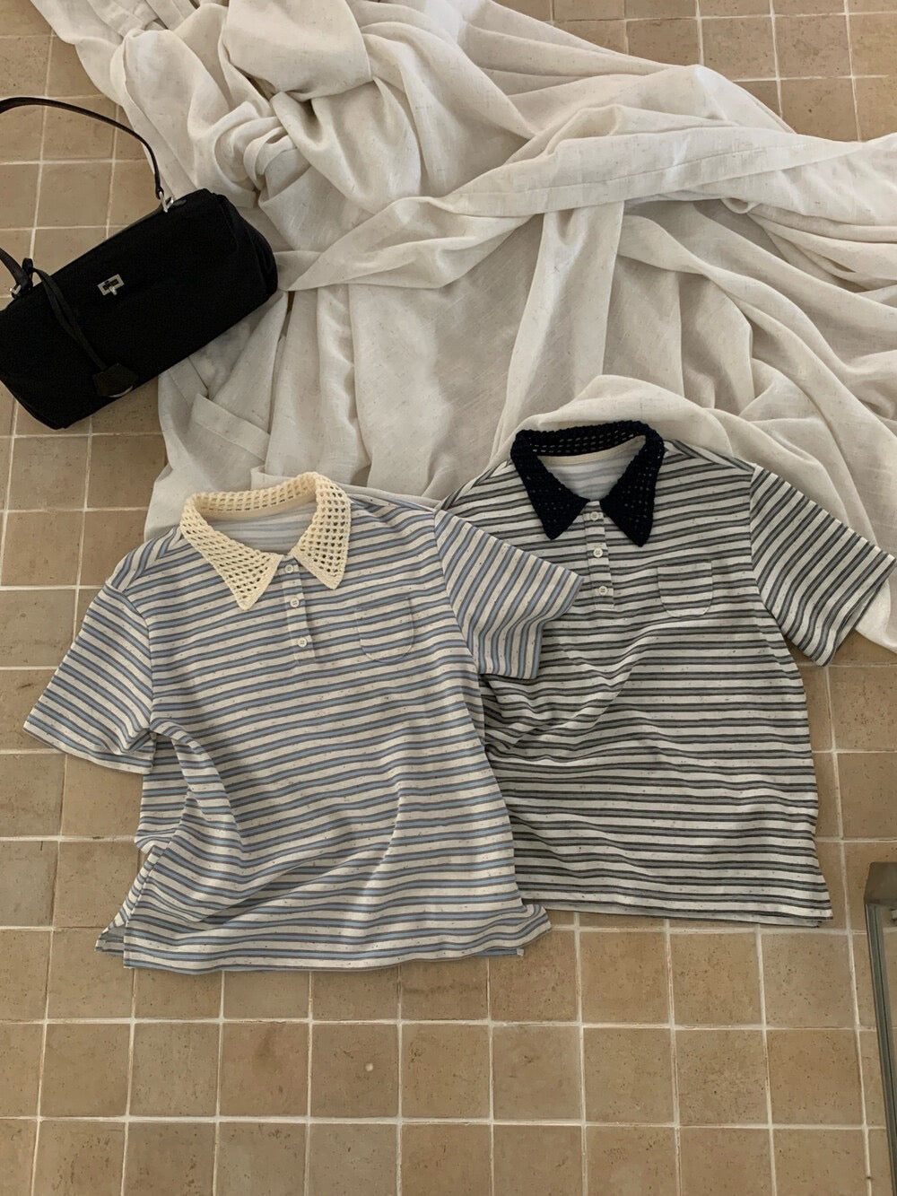 // 拼接針織翻領鈕扣混點間條上衣