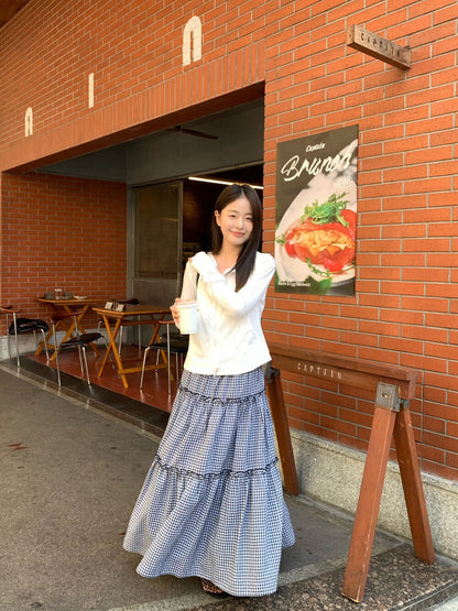 // 減齡款細格紋花邊層層中裙