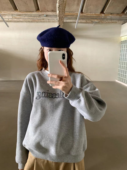 // “Blessing”刺繡拼lace邊加絨衛衣