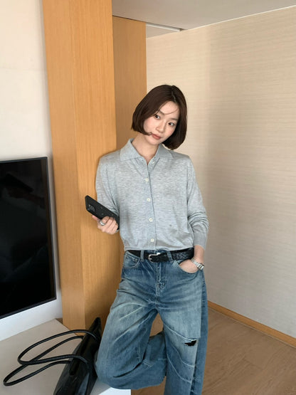 // 簡約風翻領排扣針織上衣