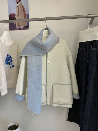 // 可雙面穿撞色縫邊70%羊毛外套(連頸巾)