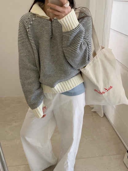 // 設計感撞色領一粒鈕細間條毛衣