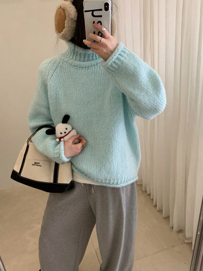 // 12%alpaca顏色超美的軟糯粗棒針卷邊高領毛衣