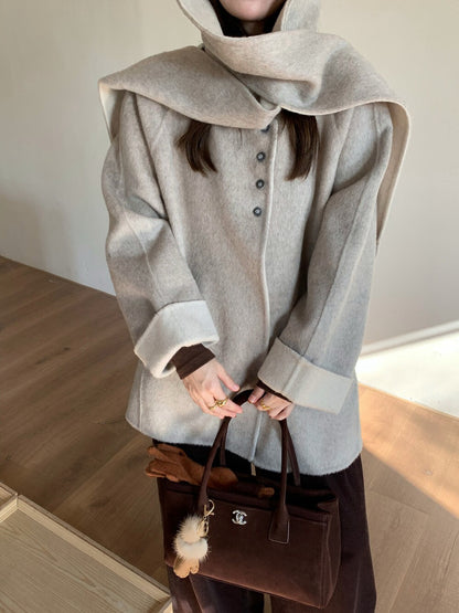 // 100%羊毛簡約高級感三粒鈕中長手工外套(連連帽頸巾)