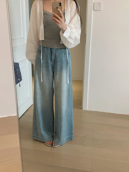// 超顯瘦double鈕扣淺洗水全長牛仔褲